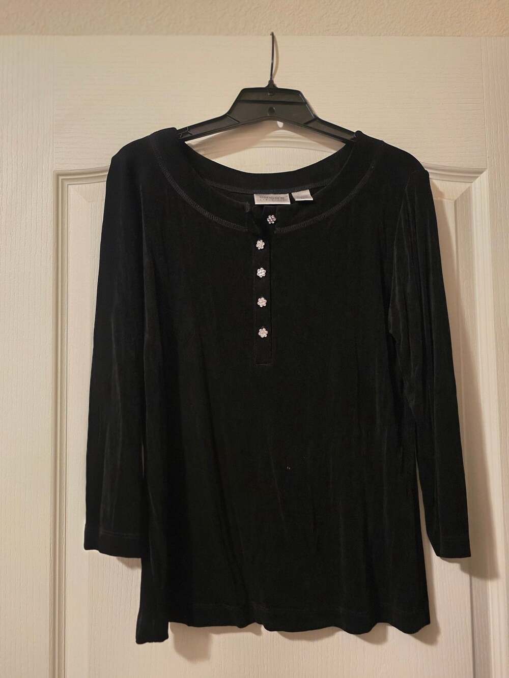Chico's Travelers Black Velvet Rhinestone Button Henley Top Size 1